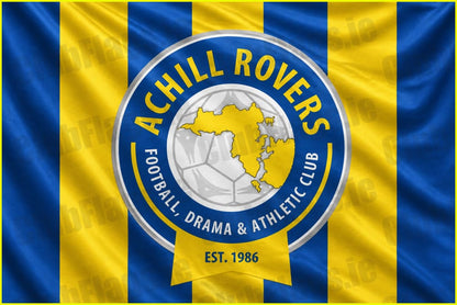 Achill Rovers football club flag with blue and yellow stripes and club crest