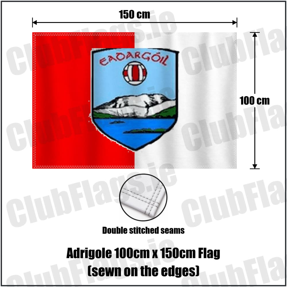 Adrigole 100cm x 150cm Flag (sewn on the edges) in red and white, featuring the club crest on realistic fabric with gentle vertical folds; County Cork GAA. ClubFlags.ie.
