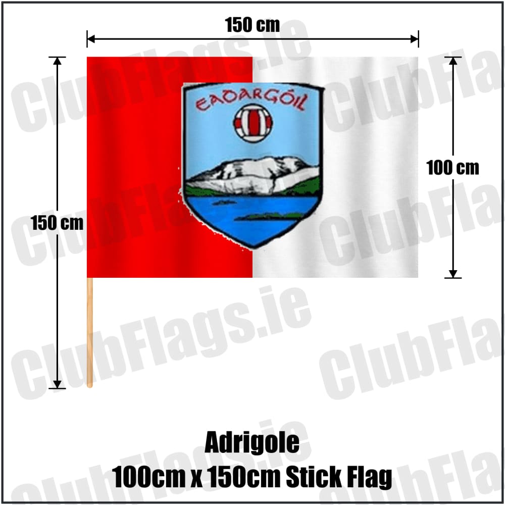 Adrigole 100cm x 150cm Stick Flag in red and white, featuring the club crest on realistic fabric with gentle vertical folds; County Cork GAA. ClubFlags.ie.