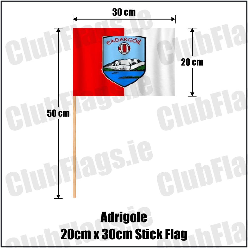 Adrigole 20cm x 30cm Stick Flag in red and white, featuring the club crest on realistic fabric with gentle vertical folds; County Cork GAA. ClubFlags.ie.