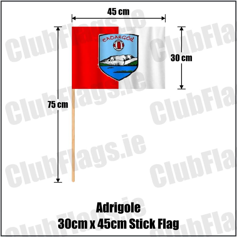 Adrigole 30cm x 45cm Stick Flag in red and white, featuring the club crest on realistic fabric with gentle vertical folds; County Cork GAA. ClubFlags.ie.