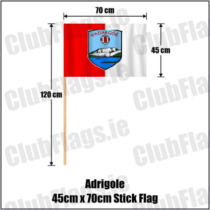 Adrigole 45cm x 70cm Stick Flag in red and white, featuring the club crest on realistic fabric with gentle vertical folds; County Cork GAA. ClubFlags.ie.