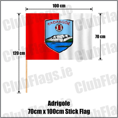 Adrigole 70cm x 100cm Stick Flag in red and white, featuring the club crest on realistic fabric with gentle vertical folds; County Cork GAA. ClubFlags.ie.