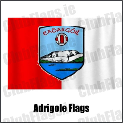 Adrigole Flags in red and white, featuring the club crest on realistic fabric with gentle vertical folds; County Cork GAA. ClubFlags.ie.