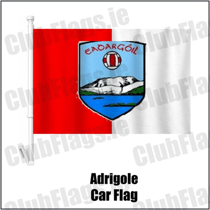 Adrigole Car Flag in red and white, featuring the club crest on realistic fabric with gentle vertical folds; County Cork GAA. ClubFlags.ie.