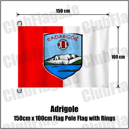 Adrigole 150cm x 100cm Flag Pole Flag with Rings in red and white, featuring the club crest on realistic fabric with gentle vertical folds; County Cork GAA. ClubFlags.ie.