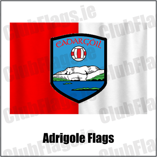 Adrigole Flags, featuring the club crest and red and white colours; County Cork GAA. ClubFlags.ie.