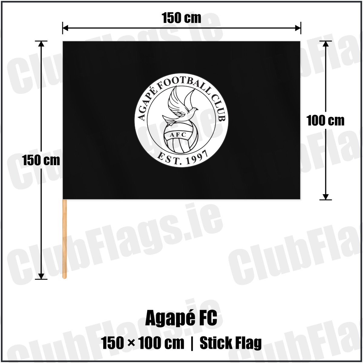 Agapé FC 100cm x 150cm Stick Flag with the club crest and colours, Down Football - ClubFlags.ie