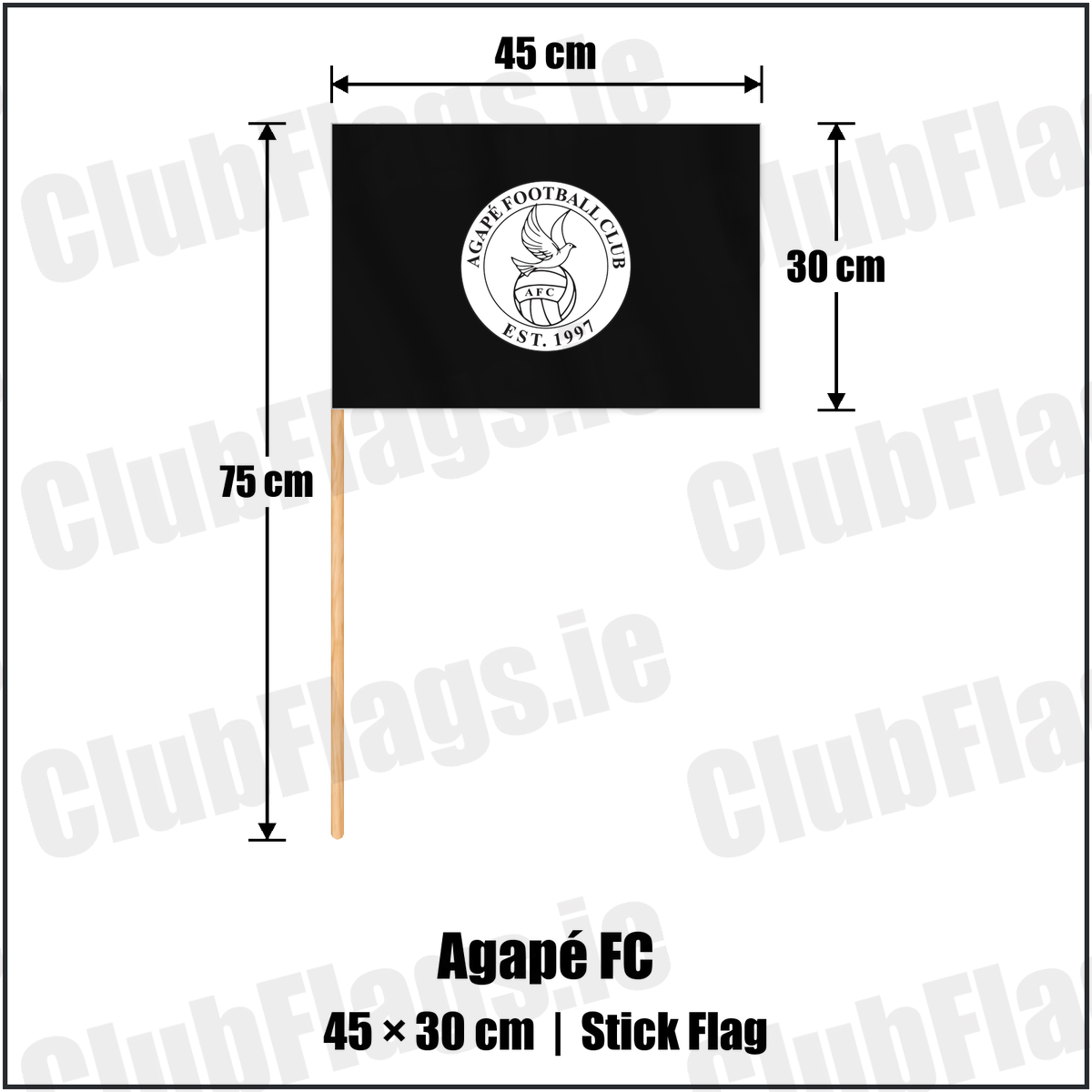Agapé FC 30cm x 45cm Stick Flag with the club crest and colours, Down Football - ClubFlags.ie