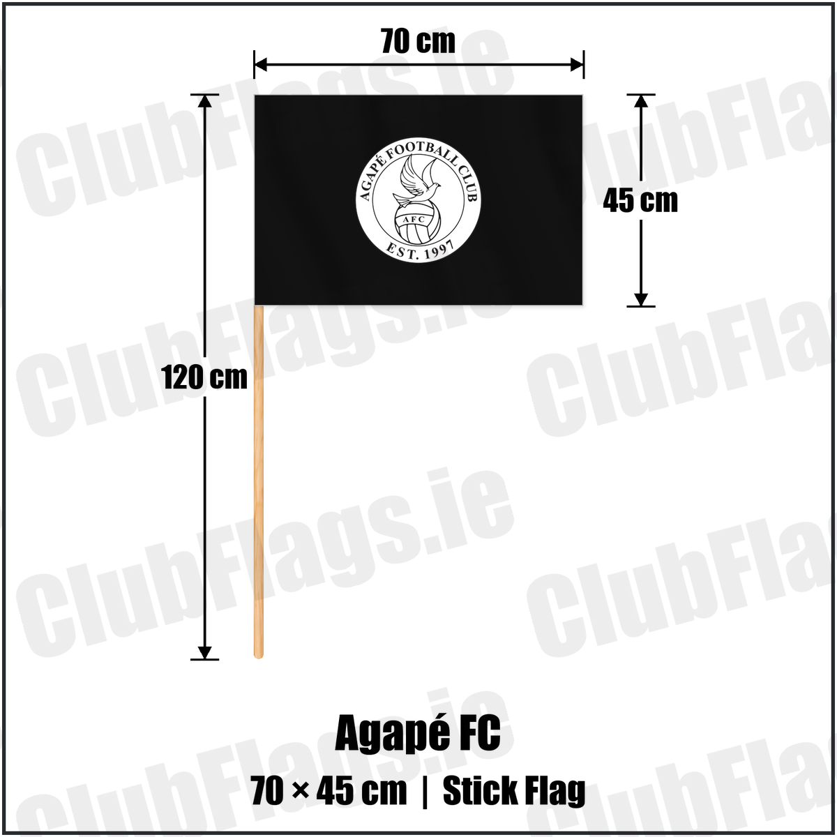 Agapé FC 45cm x 70cm Stick Flag with the club crest and colours, Down Football - ClubFlags.ie
