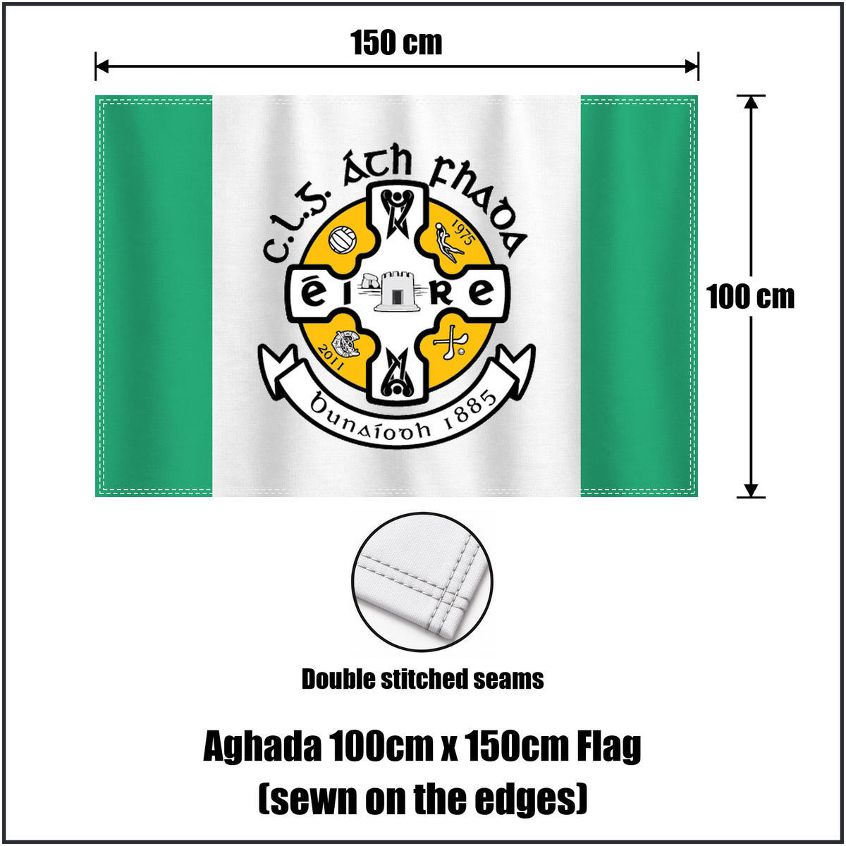 Aghada 100cm x 150cm Flag (sewn on the edges), featuring the club crest and green and white colours; County Cork GAA. ClubFlags.ie.