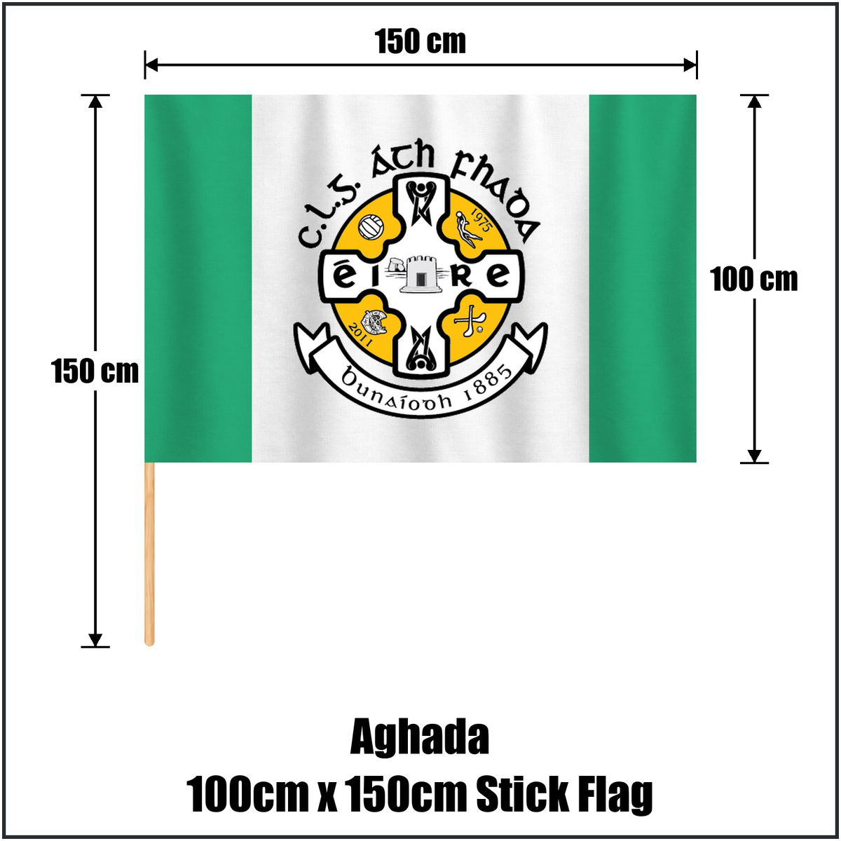 Aghada 100cm x 150cm Stick Flag, featuring the club crest and green and white colours; County Cork GAA. ClubFlags.ie.