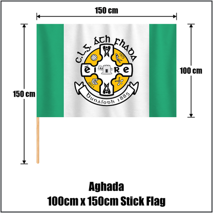 Aghada 100cm x 150cm Stick Flag, featuring the club crest and green and white colours; County Cork GAA. ClubFlags.ie.
