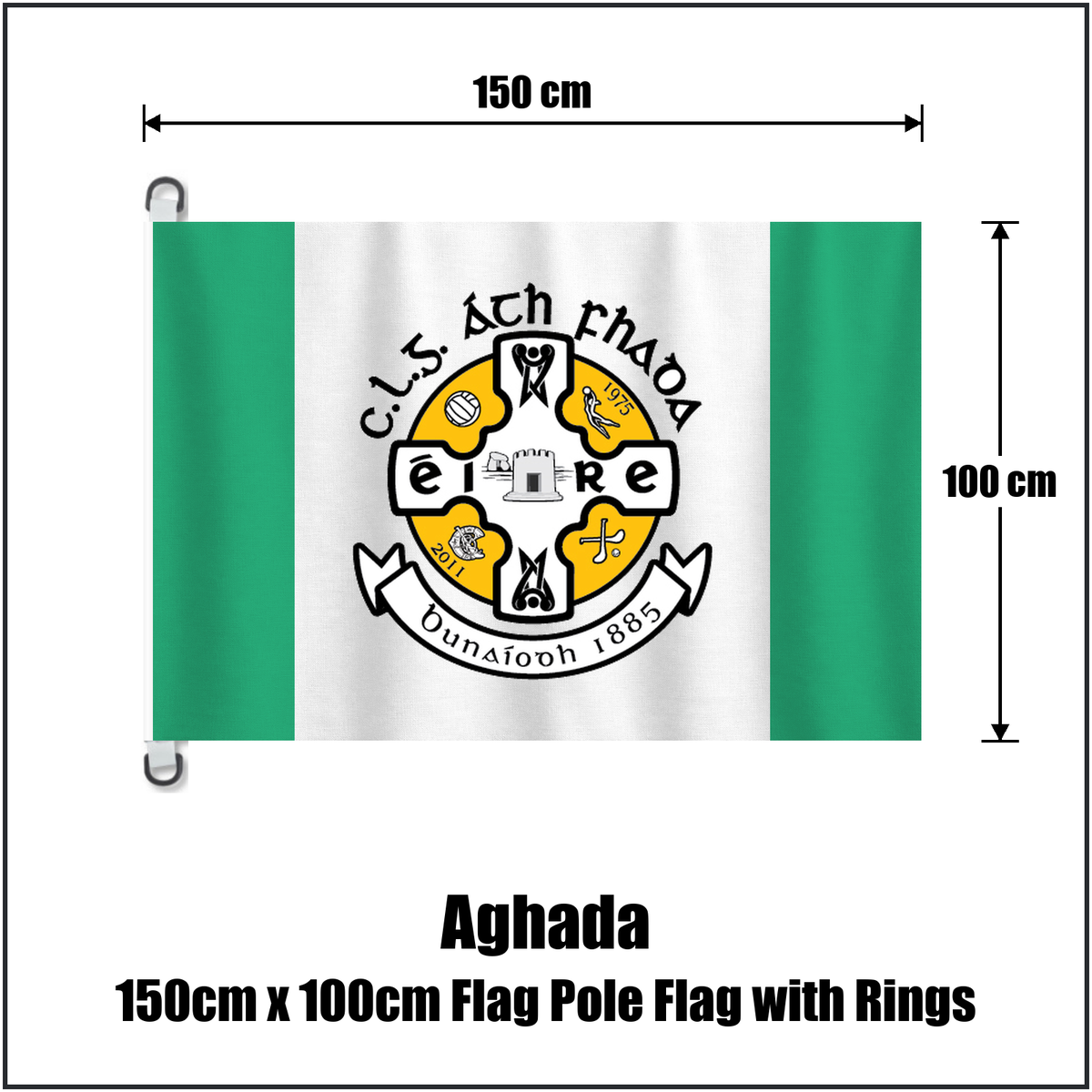 Aghada 150cm x 100cm Flag Pole Flag with Rings, featuring the club crest and green and white colours; County Cork GAA. ClubFlags.ie.