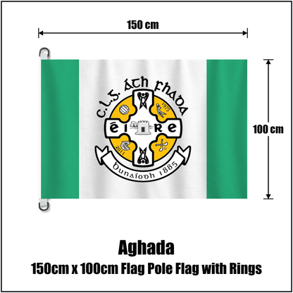 Aghada 150cm x 100cm Flag Pole Flag with Rings, featuring the club crest and green and white colours; County Cork GAA. ClubFlags.ie.