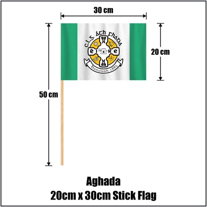 Aghada 20cm x 30cm Stick Flag, featuring the club crest and green and white colours; County Cork GAA. ClubFlags.ie.