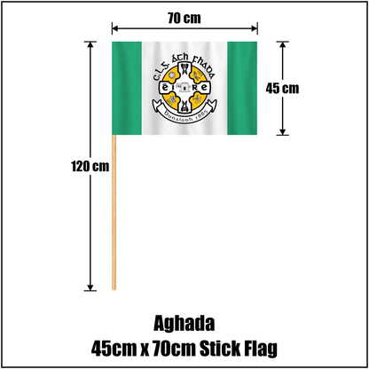 Aghada 45cm x 70cm Stick Flag, featuring the club crest and green and white colours; County Cork GAA. ClubFlags.ie.