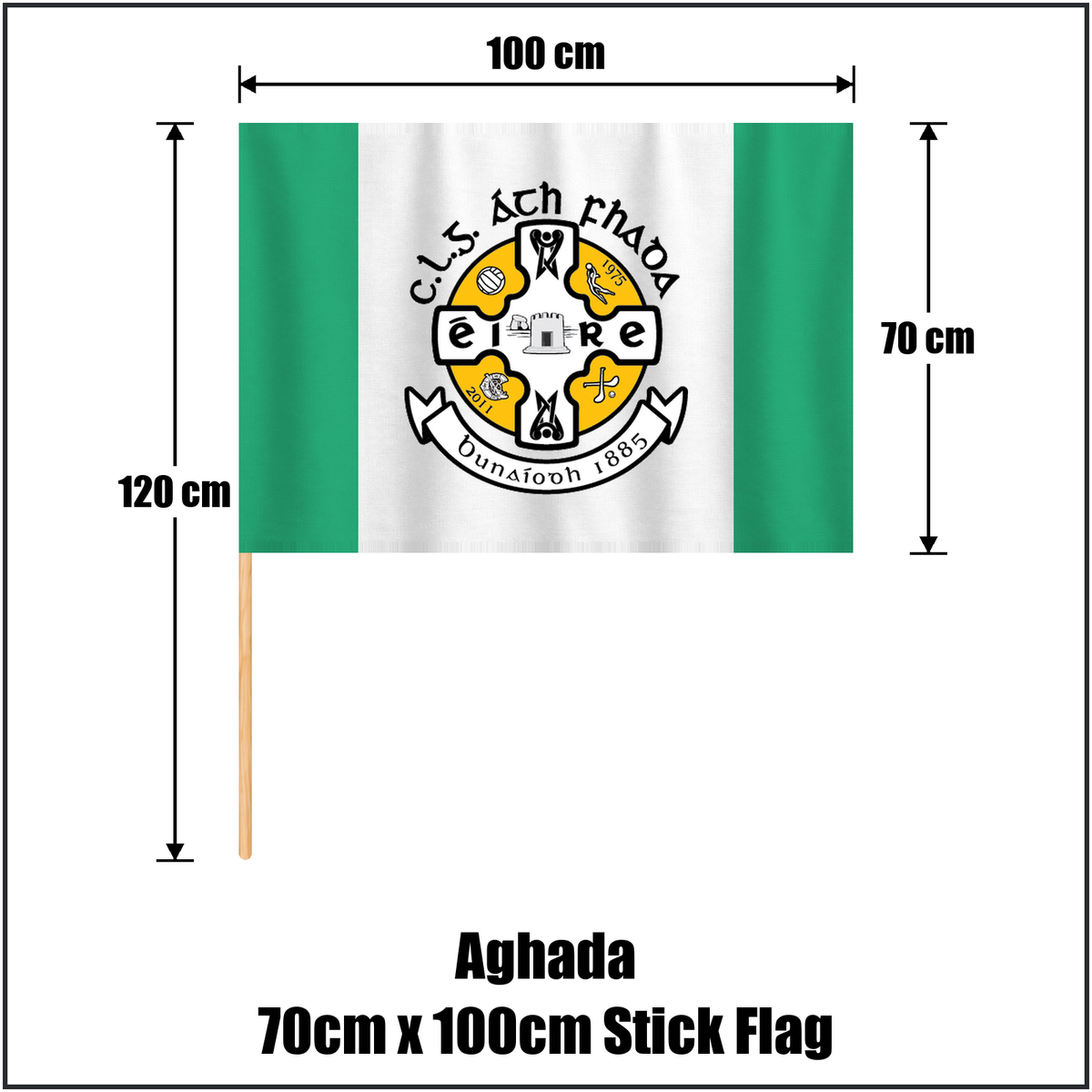 Aghada 70cm x 100cm Stick Flag, featuring the club crest and green and white colours; County Cork GAA. ClubFlags.ie.