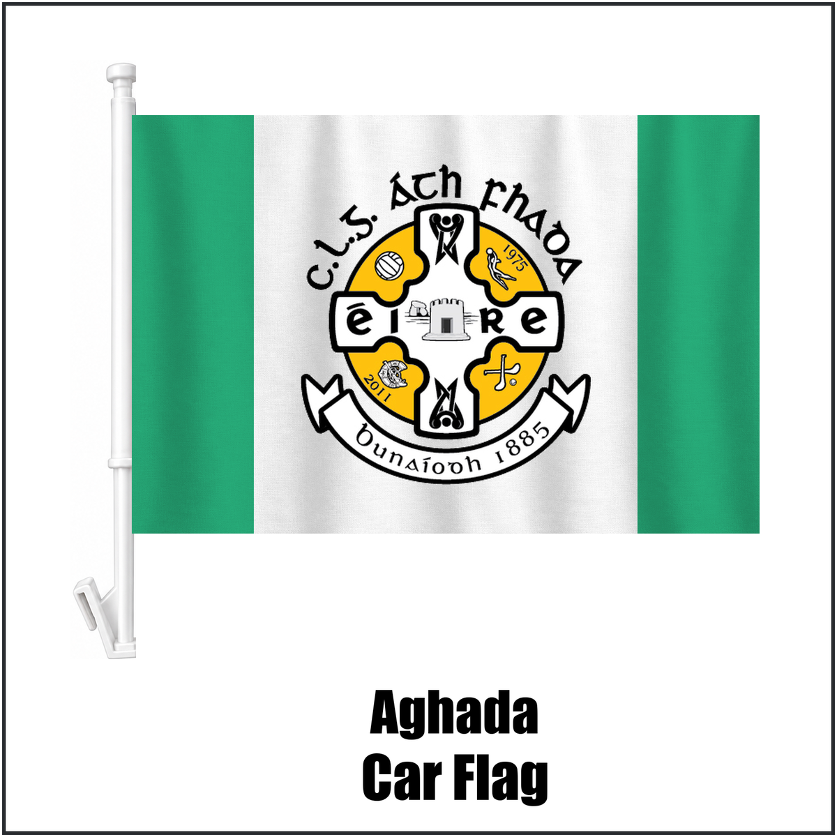 Aghada Car Flag, featuring the club crest and green and white colours; County Cork GAA. ClubFlags.ie.