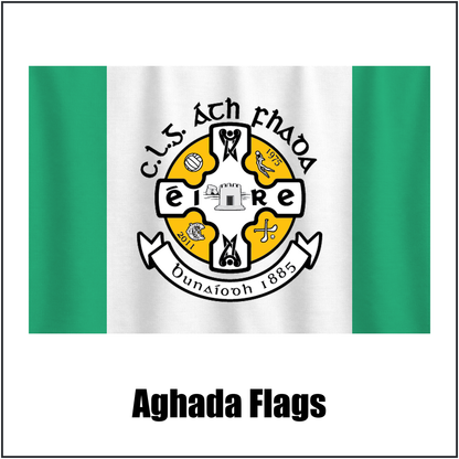 Aghada Flags, featuring the club crest and green and white colours; County Cork GAA. ClubFlags.ie.