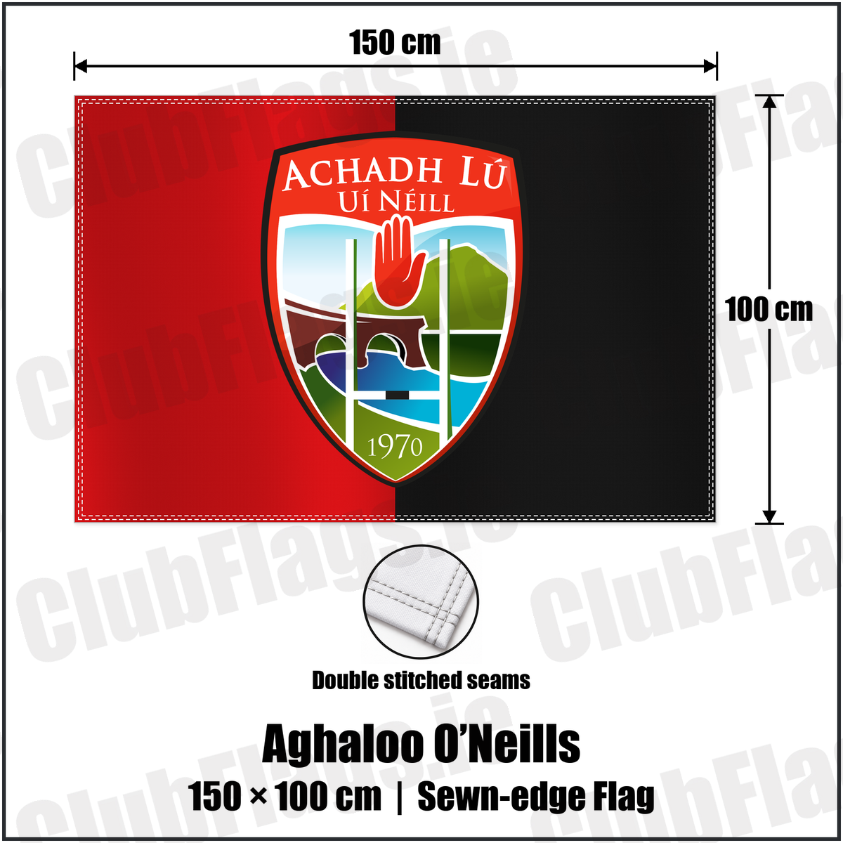 Aghaloo O’Neills 100cm x 150cm Flag (sewn on the edges) with the club crest and colours, Tyrone GAA - ClubFlags.ie
