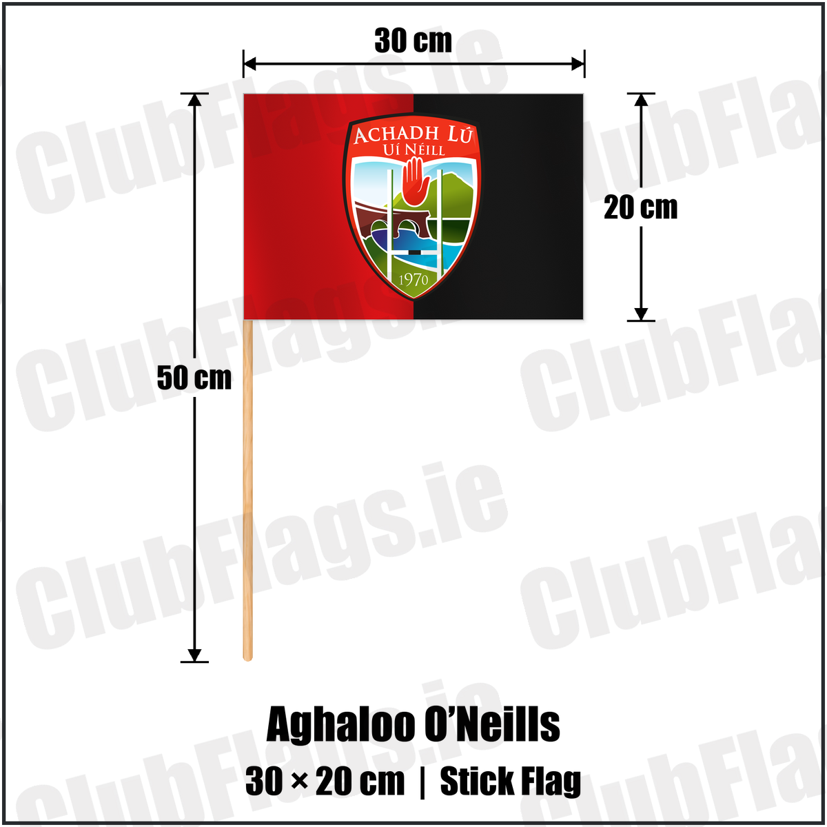 Aghaloo O’Neills 20cm x 30cm Stick Flag with the club crest and colours, Tyrone GAA - ClubFlags.ie