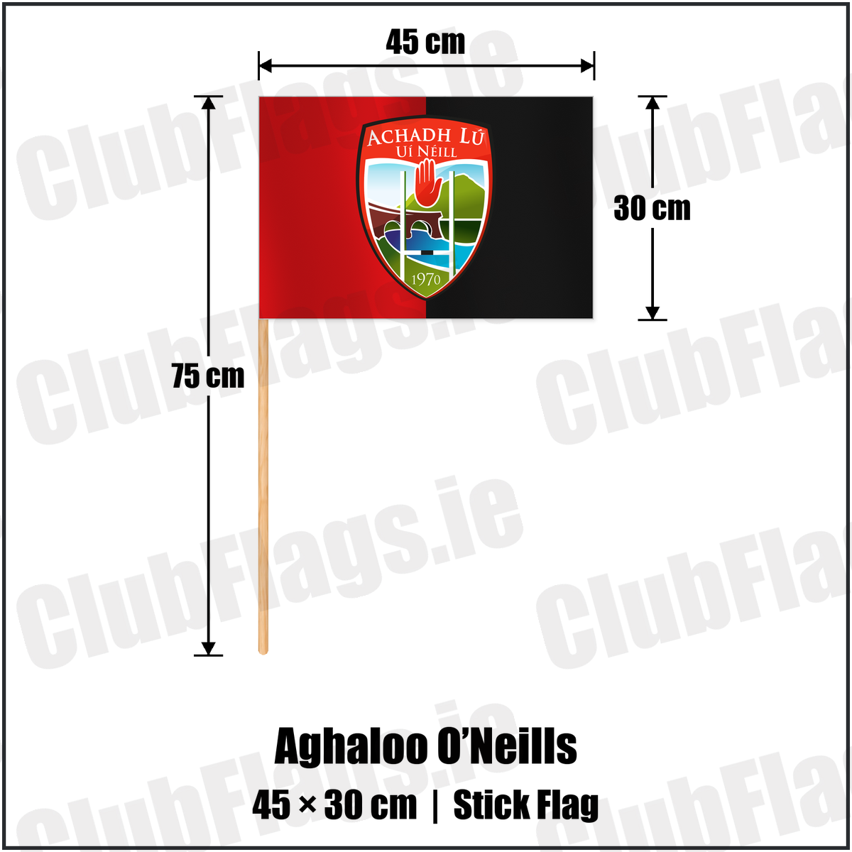 Aghaloo O’Neills 30cm x 45cm Stick Flag with the club crest and colours, Tyrone GAA - ClubFlags.ie