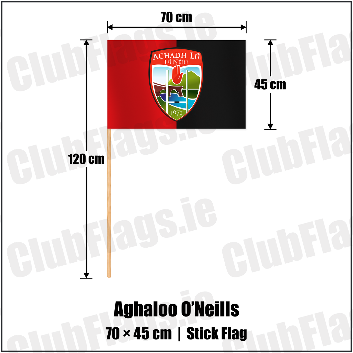 Aghaloo O’Neills 45cm x 70cm Stick Flag with the club crest and colours, Tyrone GAA - ClubFlags.ie