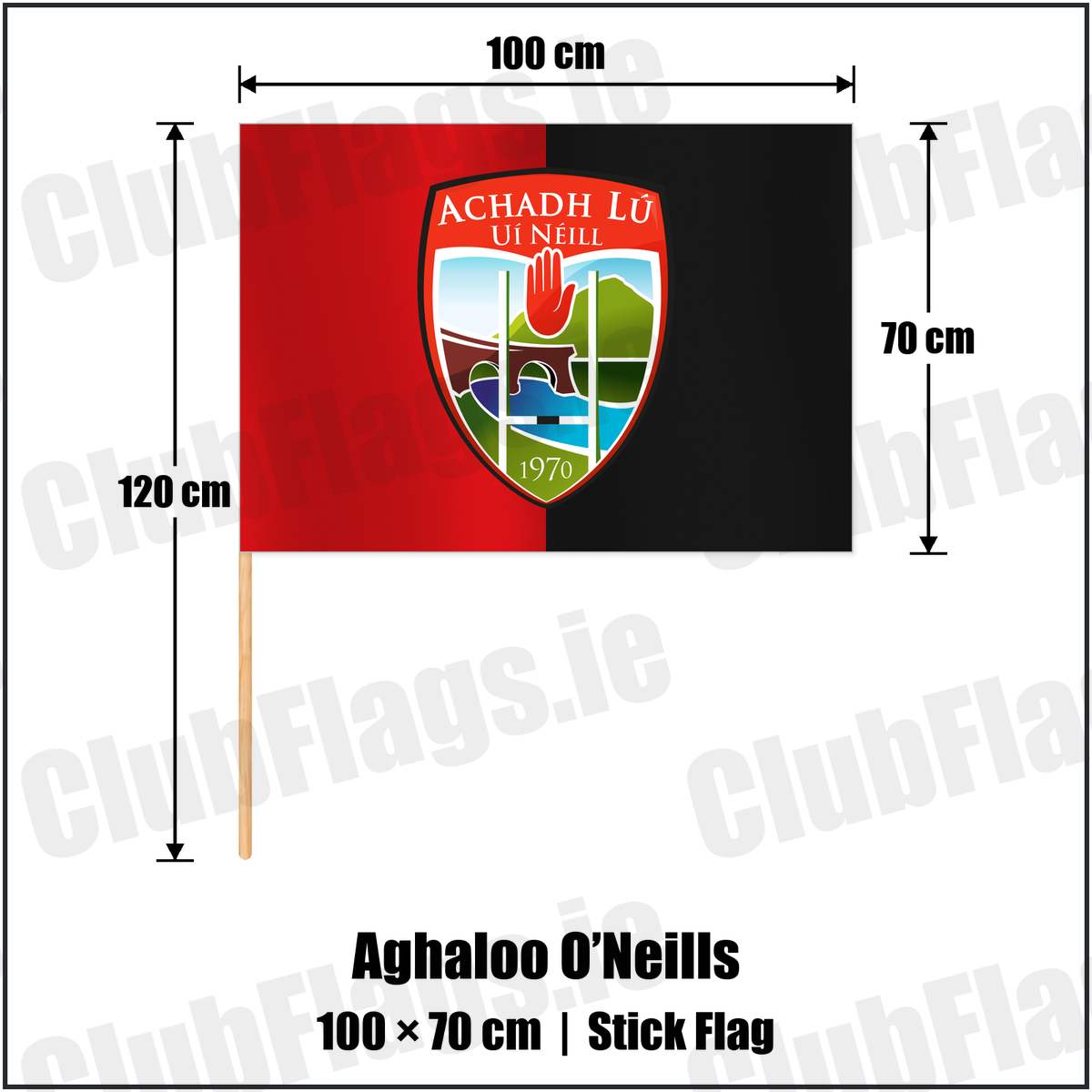Aghaloo O’Neills 70cm x 100cm Stick Flag with the club crest and colours, Tyrone GAA - ClubFlags.ie