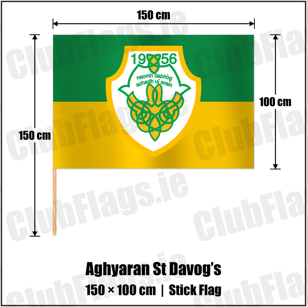 Aghyaran St Davog’s 100cm x 150cm Stick Flag with the club crest and colours, Tyrone GAA - ClubFlags.ie