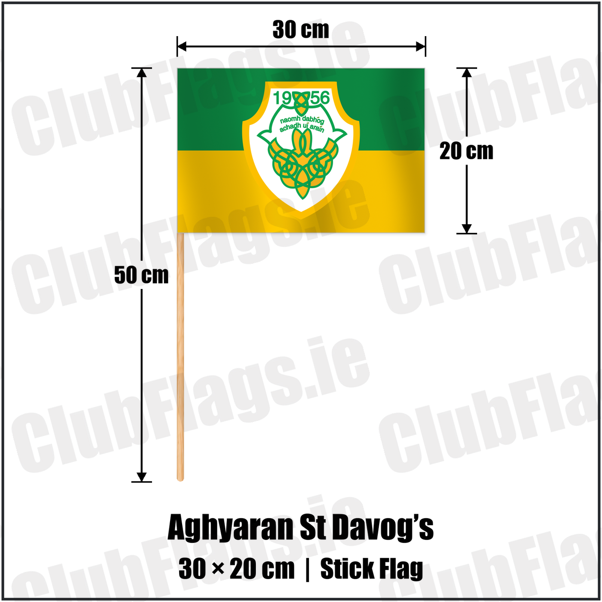 Aghyaran St Davog’s 20cm x 30cm Stick Flag with the club crest and colours, Tyrone GAA - ClubFlags.ie