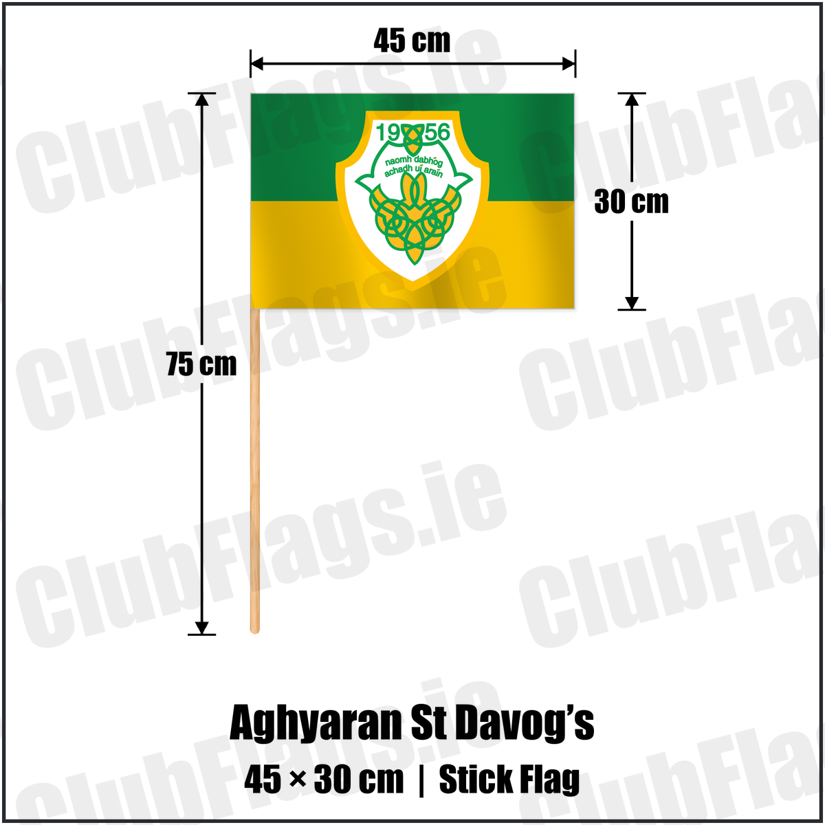 Aghyaran St Davog’s 30cm x 45cm Stick Flag with the club crest and colours, Tyrone GAA - ClubFlags.ie