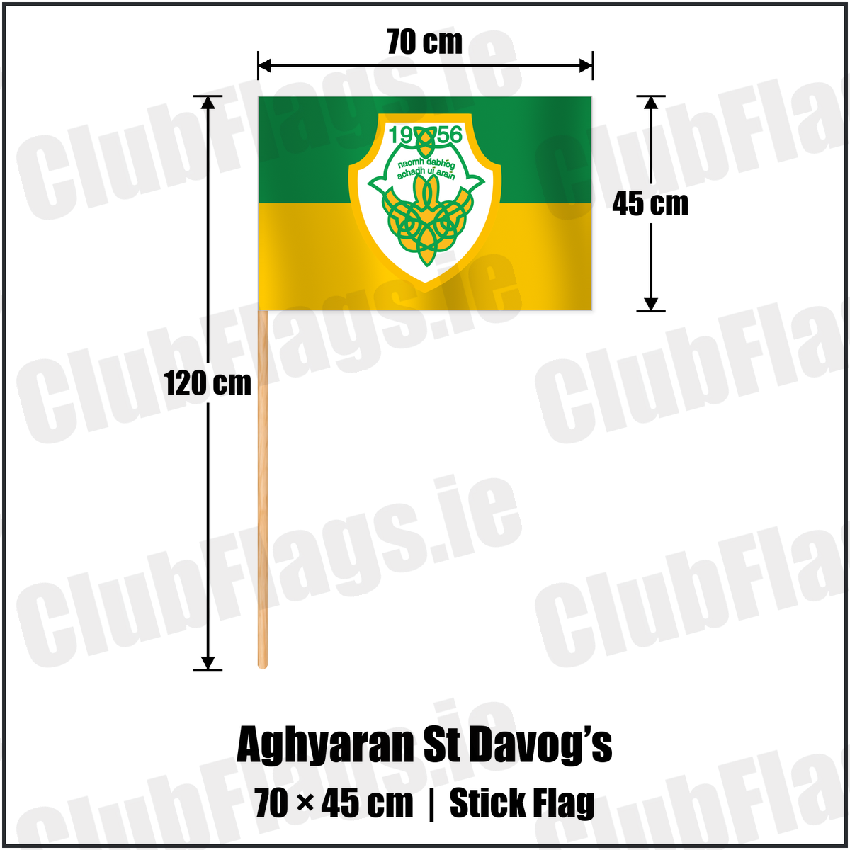 Aghyaran St Davog’s 45cm x 70cm Stick Flag with the club crest and colours, Tyrone GAA - ClubFlags.ie
