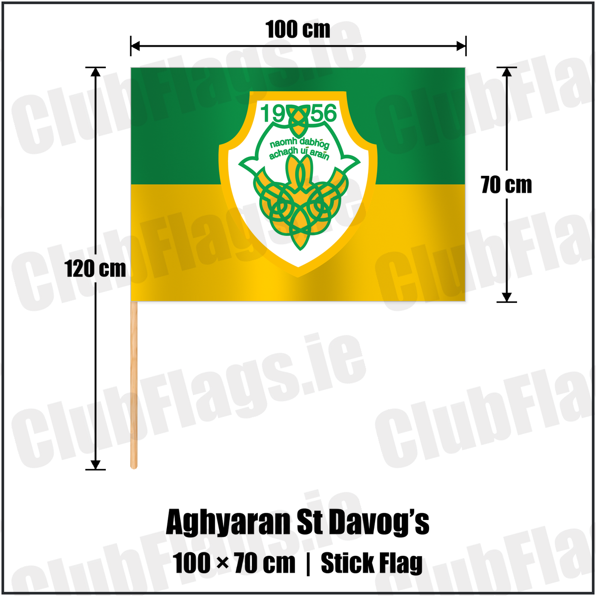 Aghyaran St Davog’s 70cm x 100cm Stick Flag with the club crest and colours, Tyrone GAA - ClubFlags.ie