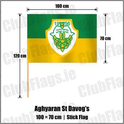 Aghyaran St Davog’s 70cm x 100cm Stick Flag with the club crest and colours, Tyrone GAA - ClubFlags.ie