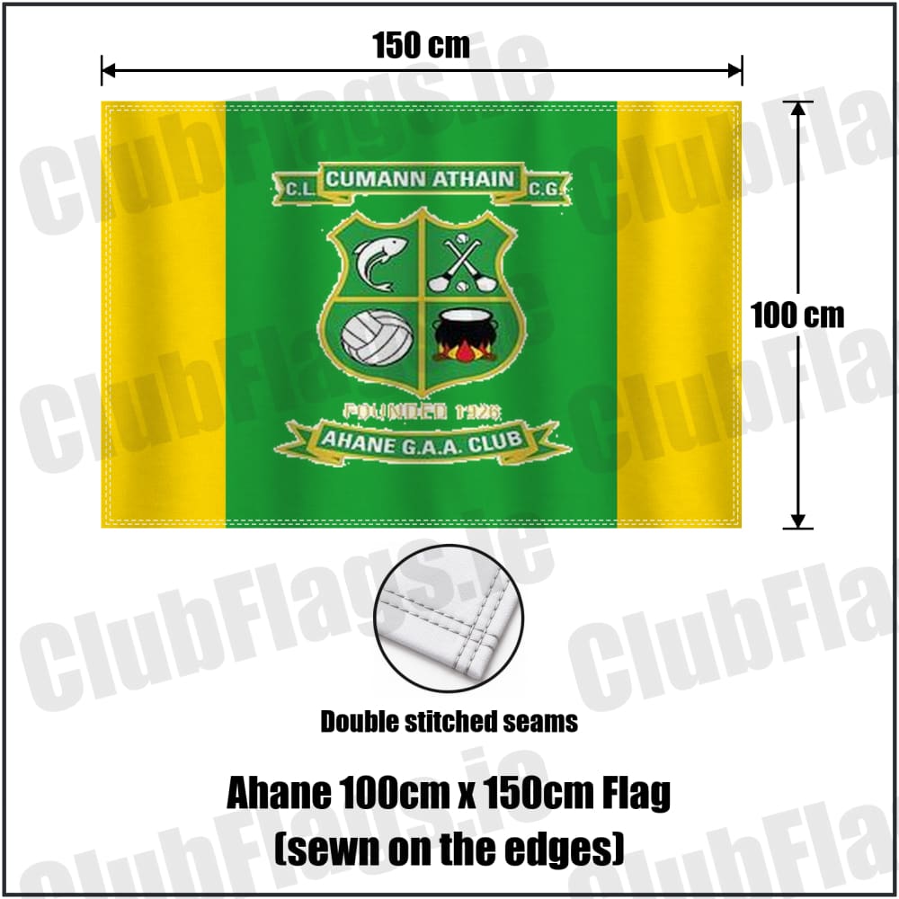 Ahane 100cm x 150cm Flag (sewn on the edges) in green and gold, featuring the club crest on realistic fabric with gentle vertical folds; County Limerick GAA. ClubFlags.ie.