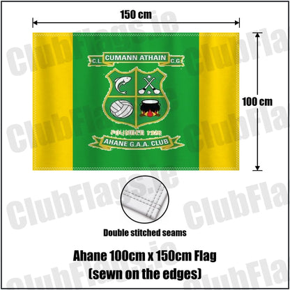 Ahane 100cm x 150cm Flag (sewn on the edges) in green and gold, featuring the club crest on realistic fabric with gentle vertical folds; County Limerick GAA. ClubFlags.ie.