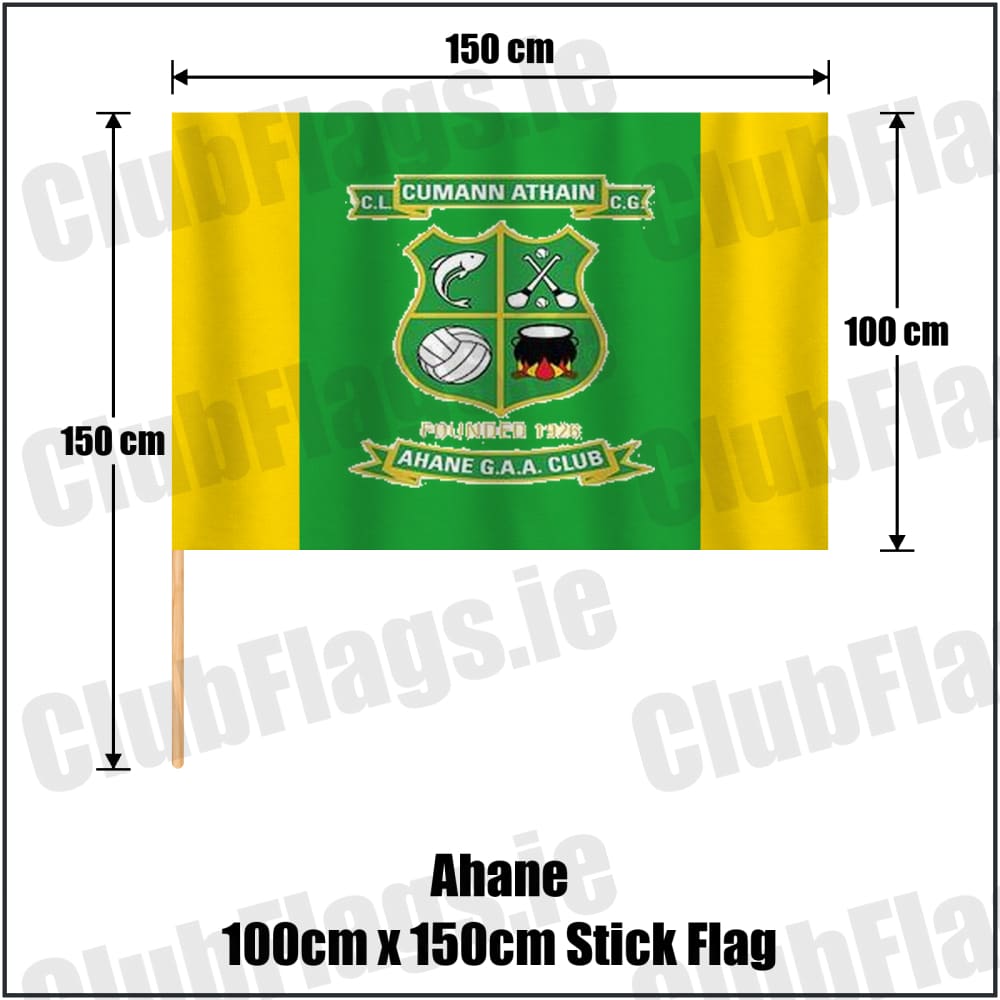 Ahane 100cm x 150cm Stick Flag in green and gold, featuring the club crest on realistic fabric with gentle vertical folds; County Limerick GAA. ClubFlags.ie.