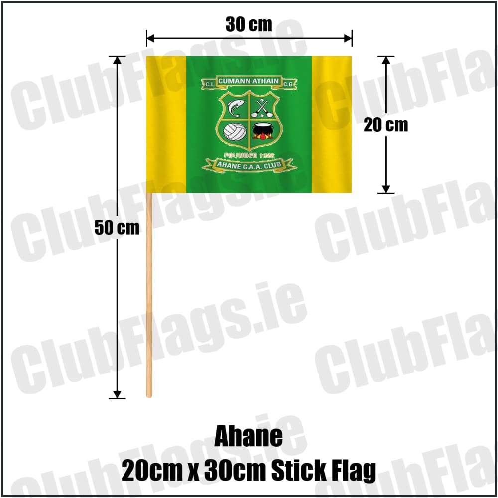Ahane 20cm x 30cm Stick Flag in green and gold, featuring the club crest on realistic fabric with gentle vertical folds; County Limerick GAA. ClubFlags.ie.