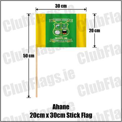Ahane 20cm x 30cm Stick Flag in green and gold, featuring the club crest on realistic fabric with gentle vertical folds; County Limerick GAA. ClubFlags.ie.