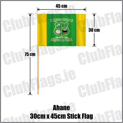 Ahane 30cm x 45cm Stick Flag in green and gold, featuring the club crest on realistic fabric with gentle vertical folds; County Limerick GAA. ClubFlags.ie.