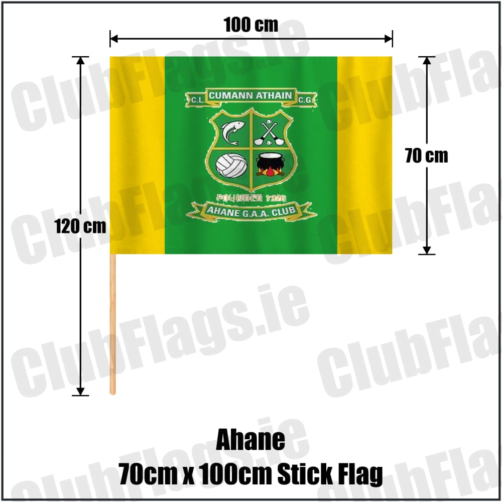 Ahane 70cm x 100cm Stick Flag in green and gold, featuring the club crest on realistic fabric with gentle vertical folds; County Limerick GAA. ClubFlags.ie.