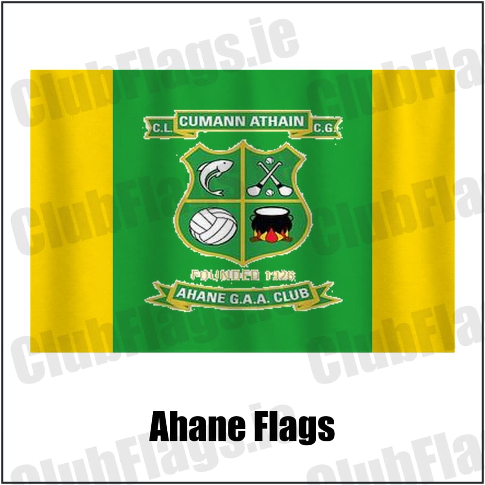 Ahane Flags in green and gold, featuring the club crest on realistic fabric with gentle vertical folds; County Limerick GAA. ClubFlags.ie.