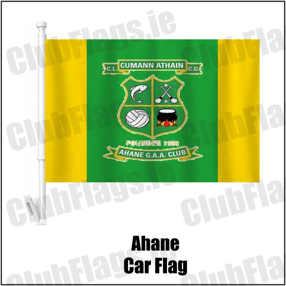 Ahane Car Flag in green and gold, featuring the club crest on realistic fabric with gentle vertical folds; County Limerick GAA. ClubFlags.ie.