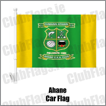 Ahane Car Flag in green and gold, featuring the club crest on realistic fabric with gentle vertical folds; County Limerick GAA. ClubFlags.ie.