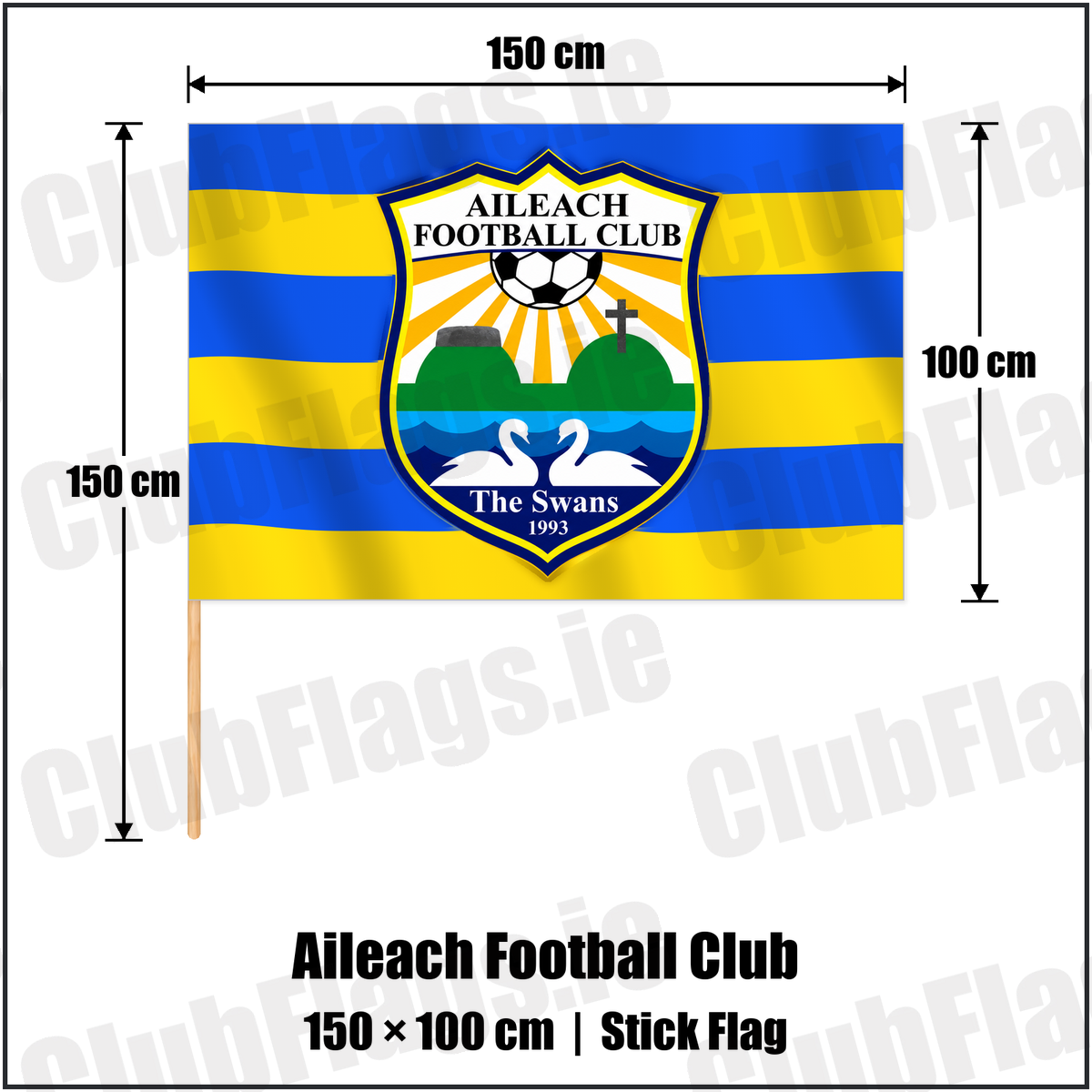 Aileach Football Club 100cm x 150cm Stick Flag with the club crest and colours, Donegal Football - ClubFlags.ie