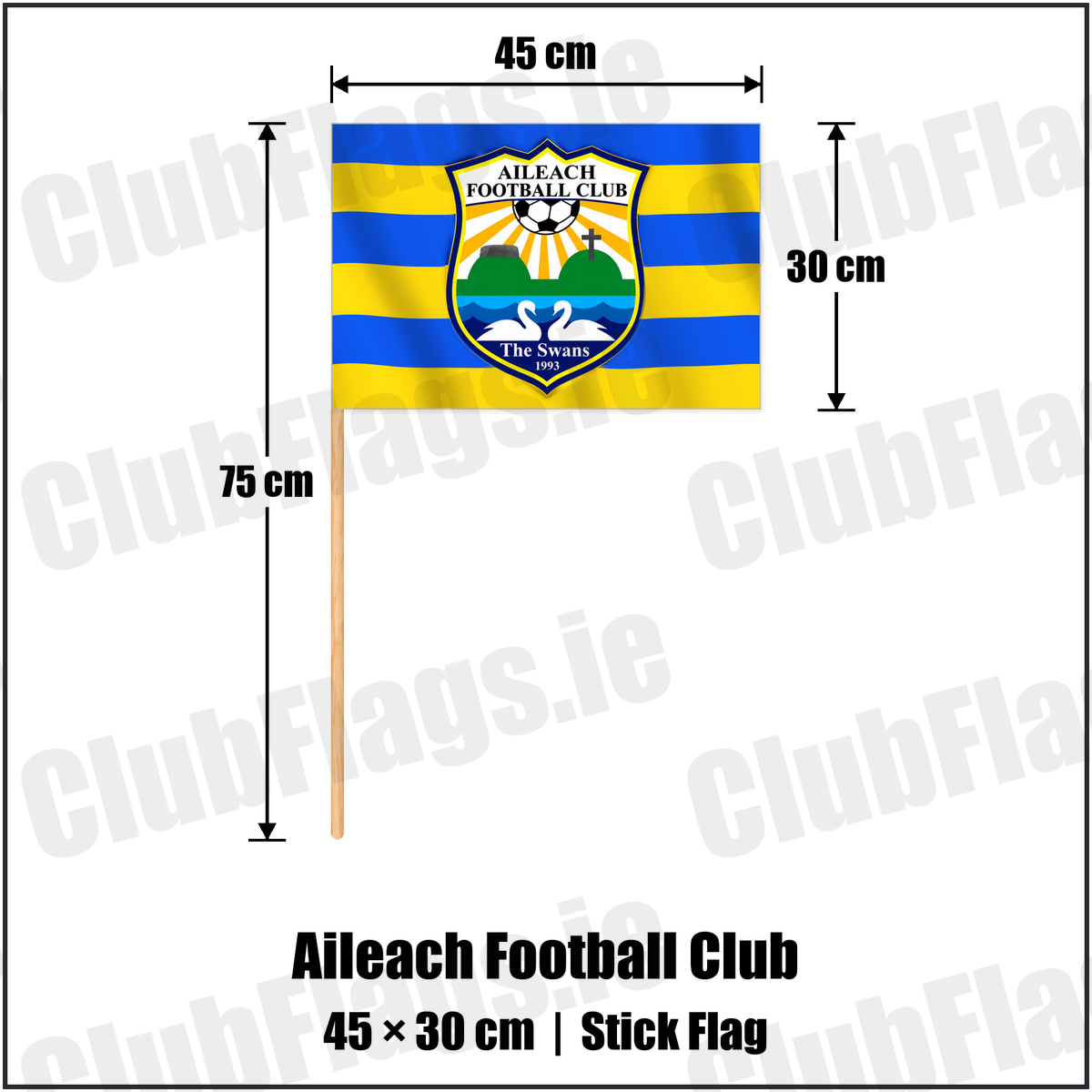 Aileach Football Club 30cm x 45cm Stick Flag with the club crest and colours, Donegal Football - ClubFlags.ie