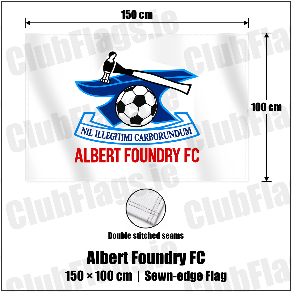 Albert Foundry FC 100cm x 150cm Flag (sewn on the edges) with the club crest and colours, Antrim Football - ClubFlags.ie