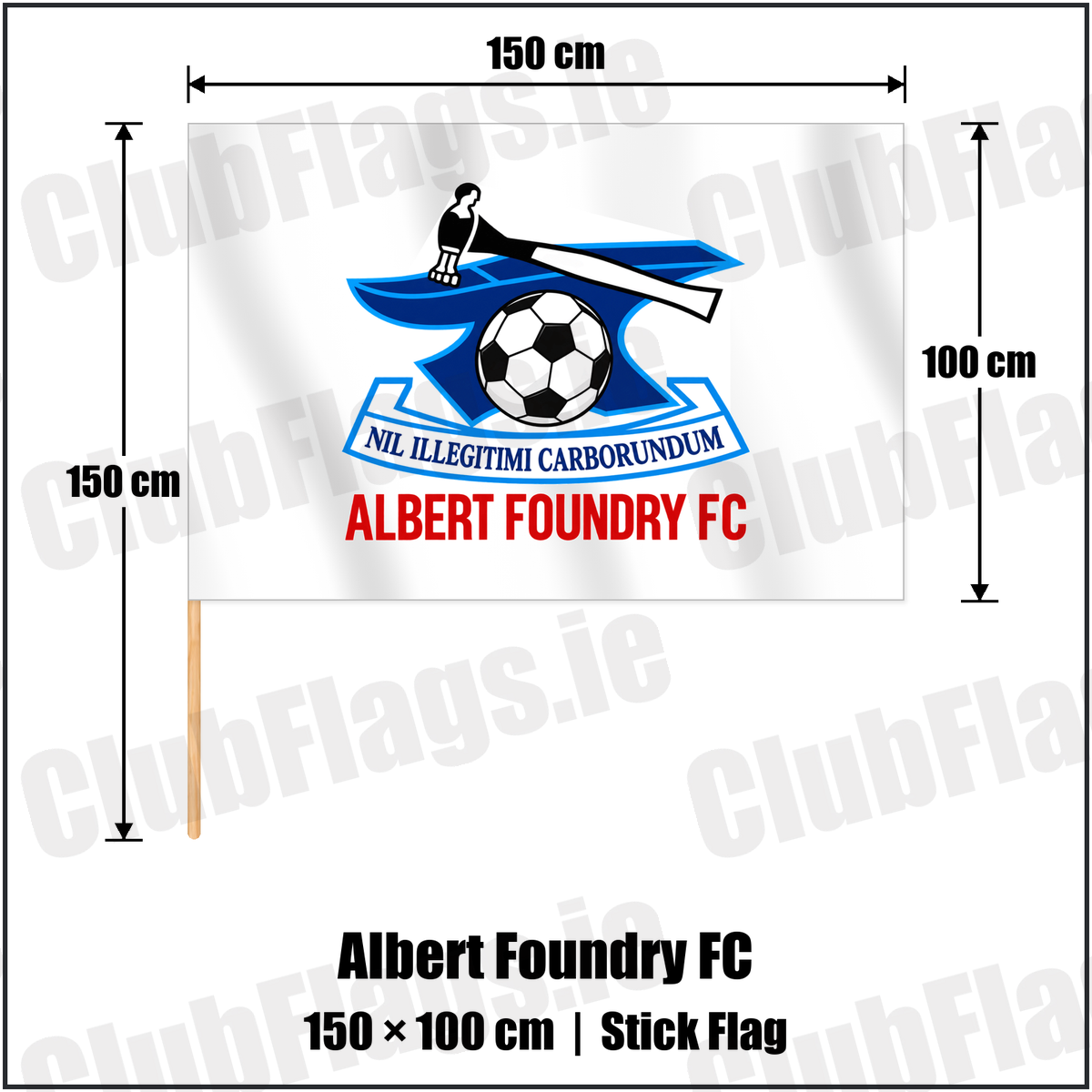 Albert Foundry FC 100cm x 150cm Stick Flag with the club crest and colours, Antrim Football - ClubFlags.ie