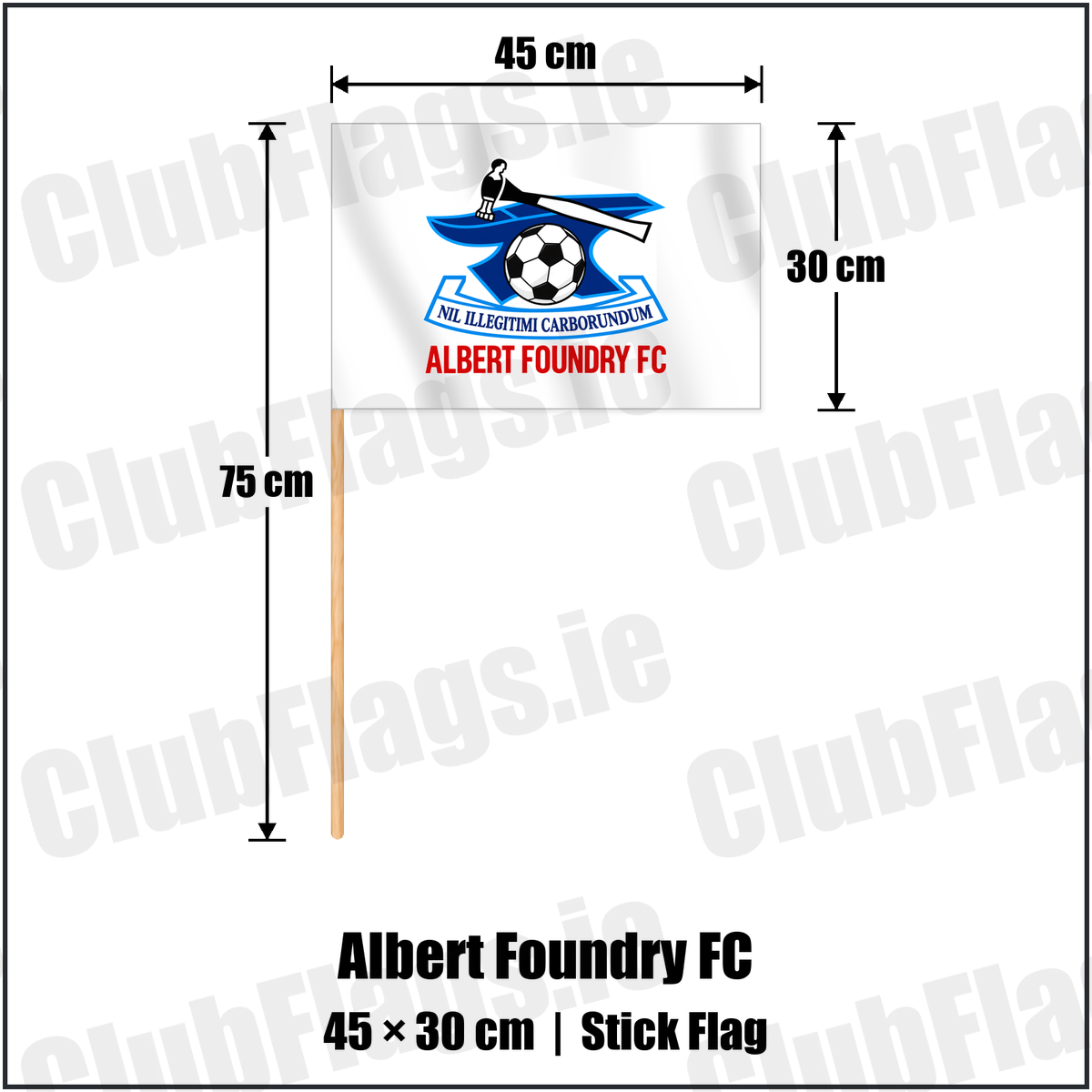 Albert Foundry FC 30cm x 45cm Stick Flag with the club crest and colours, Antrim Football - ClubFlags.ie